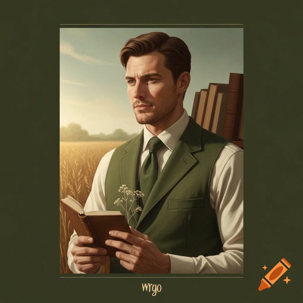 A distinguished man in a green vest reads a book, holding flowers in a golden wheat field with books in the background.