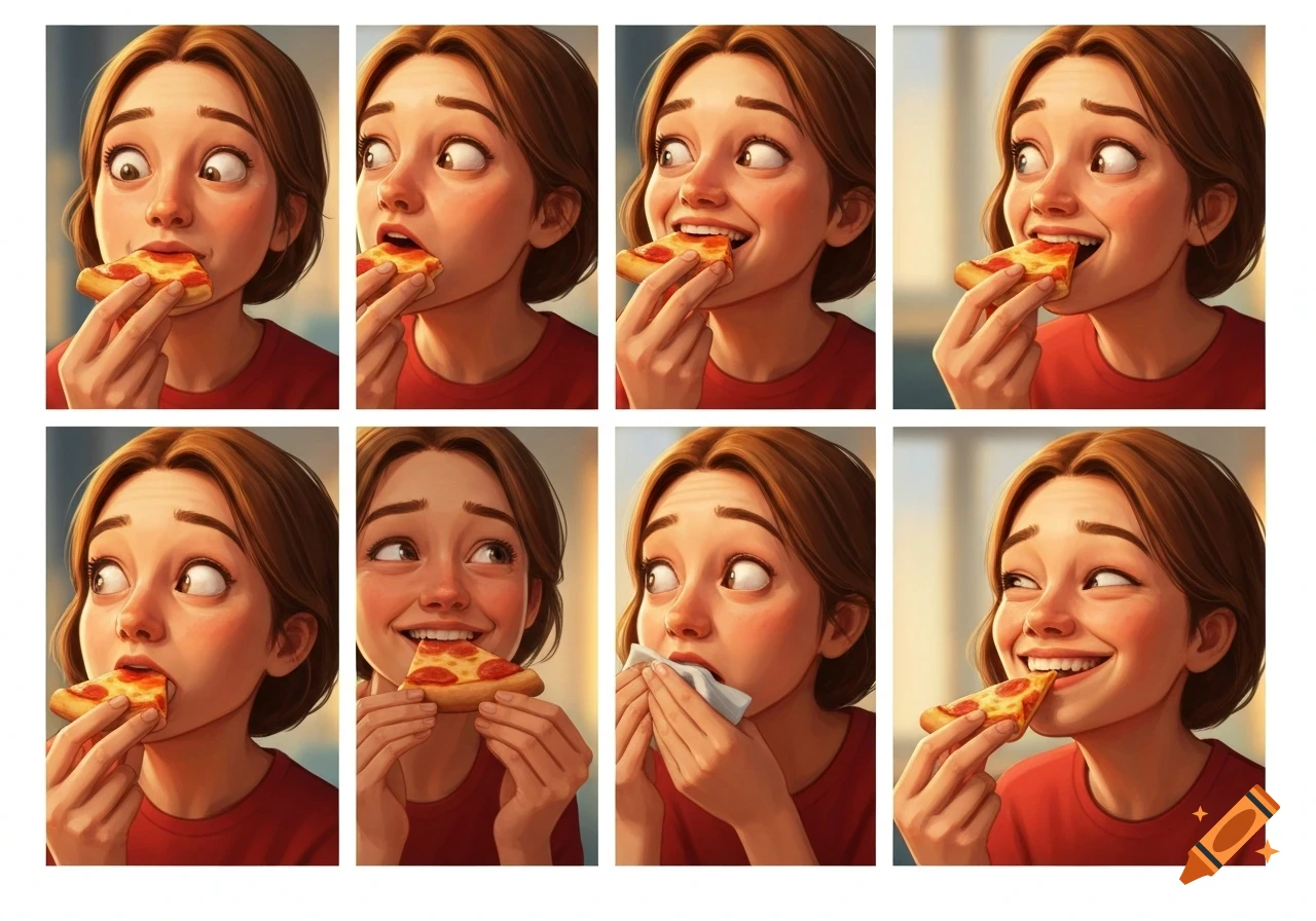 An 8-panel cartoon illustration of a girl with brown hair eating pizza, showing various expressions.