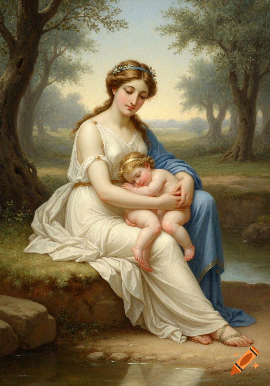 A classical painting in the style of William-Adolphe Bouguereau depicting a draped woman holding a sleeping baby in a serene landscape.