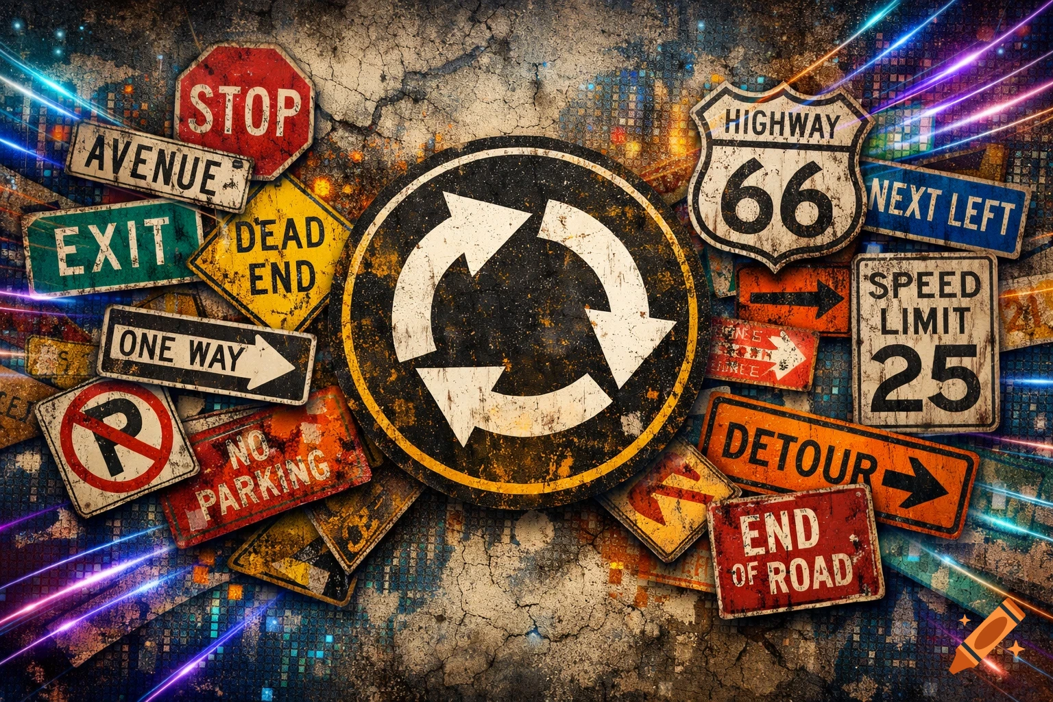 A dark, grunge-style collage of distressed street signs, including STOP, ONE WAY, DEAD END, SPEED LIMIT, DETOUR, and a central roundabout symbol, with neon light streaks.