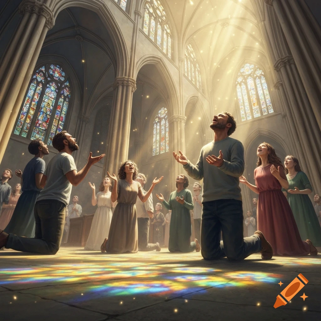 People kneeling and standing in a grand church, looking up with arms outstretched as light streams through stained glass windows, photorealistic.