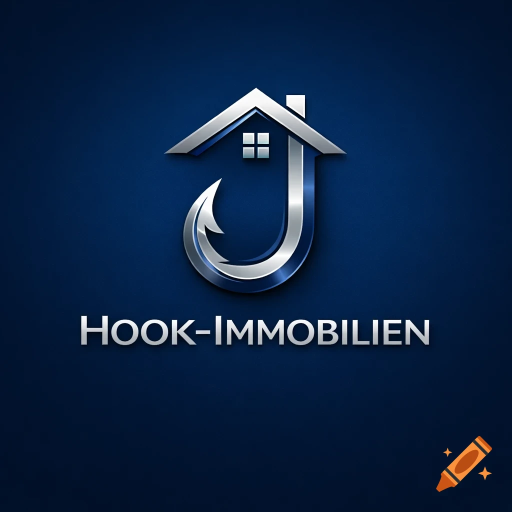 A metallic logo featuring a stylized fishing hook combined with a house roof, with the text "HOOK-IMMOBILIEN" below, all on a dark blue background.