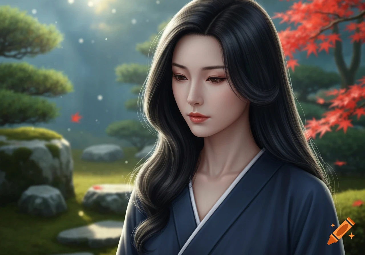 Digital painting of an Asian woman with long black hair, wearing a dark blue kimono, looking down in a serene Japanese garden with red maple leaves.