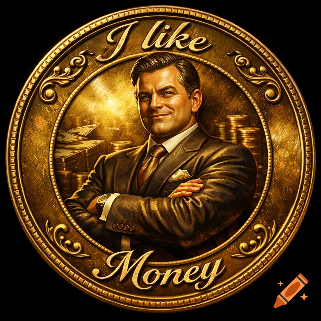 A golden circular emblem features a smiling man in a suit with crossed arms, surrounded by money. Text on the emblem reads 'I like Money'.