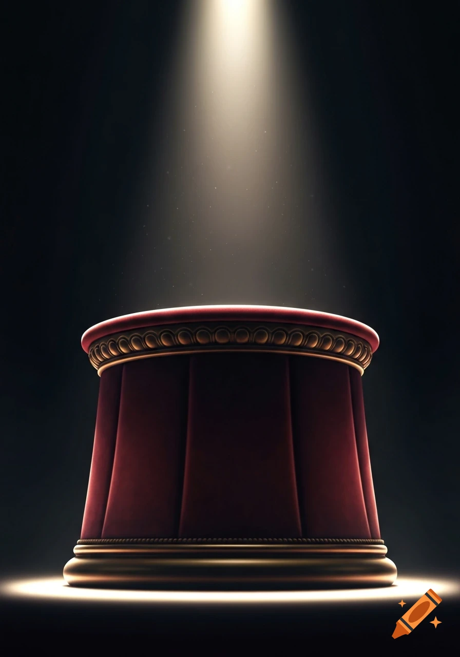 A red velvet display pedestal with gold trim, illuminated by a bright spotlight in a dark, dramatic setting.