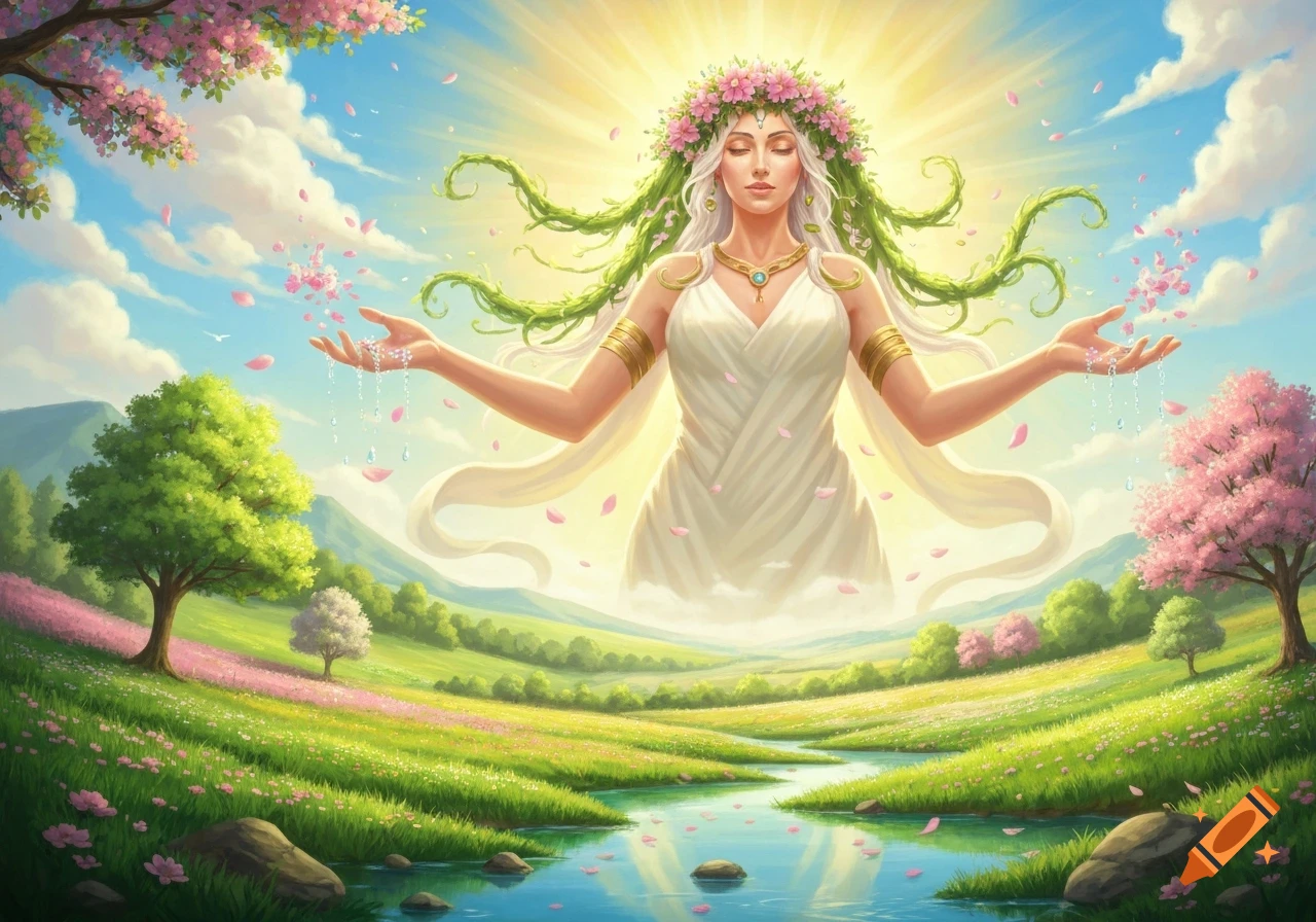 A serene goddess of spring with a flower crown and vine hair, releasing petals over a vibrant meadow with a river and pink trees.