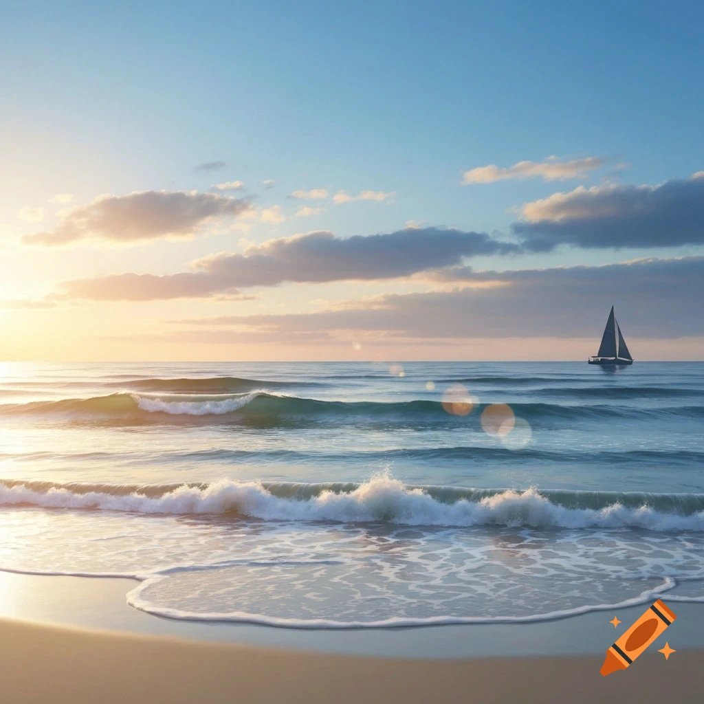 A tranquil photorealistic seascape at sunset with gentle waves on a sandy beach and a sailboat on the horizon.