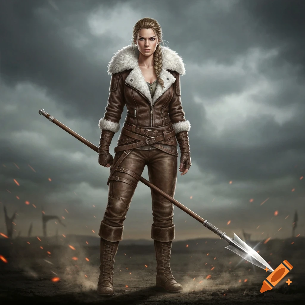 Photorealistic depiction of a female fighter in a brown leather outfit with a fur collar, holding a spear on a smoky battlefield under a stormy sky.