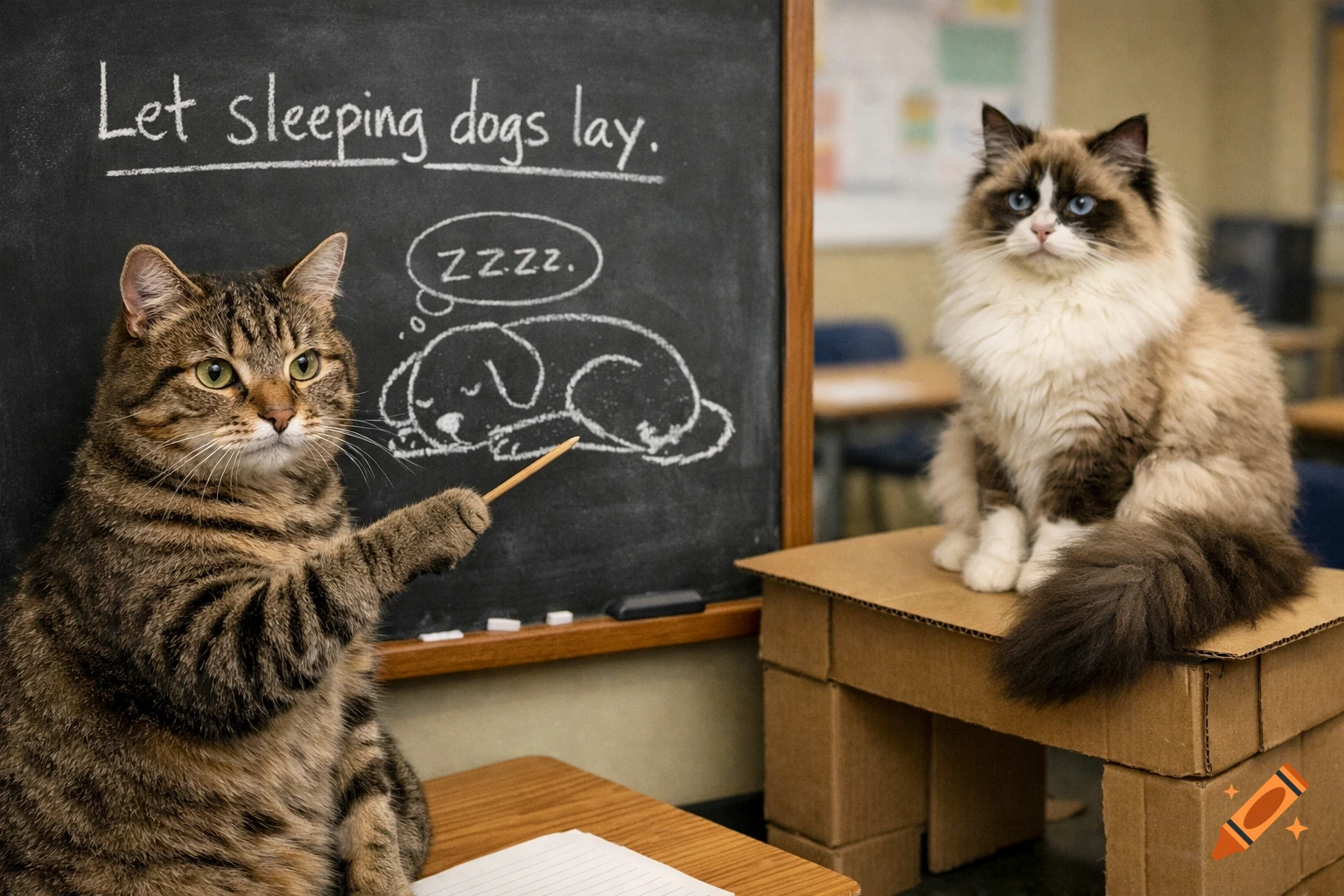 A tabby cat points to a classroom blackboard that reads "Let sleeping dogs lay," while a fluffy ragdoll cat sits on a cardboard desk.