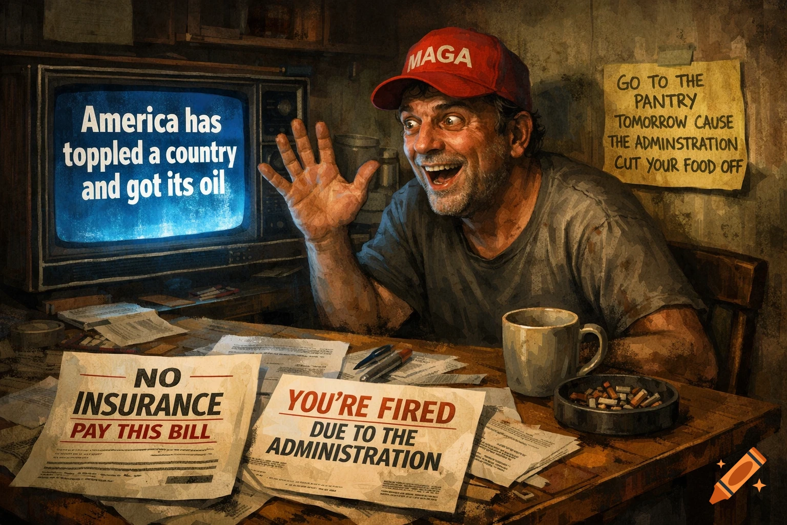 A man in a MAGA hat excitedly watches a TV reporting "America has toppled a country and got its oil" while bills and a note about hardship lie on his table in a painterly style.
