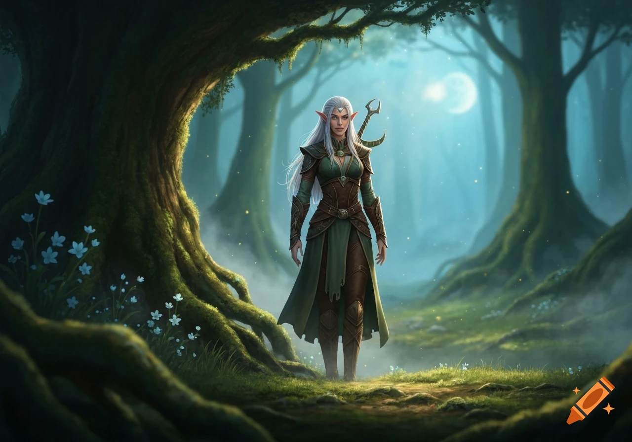 A fantasy elf with long white hair and a sword stands in a magical, misty forest under a full moon.