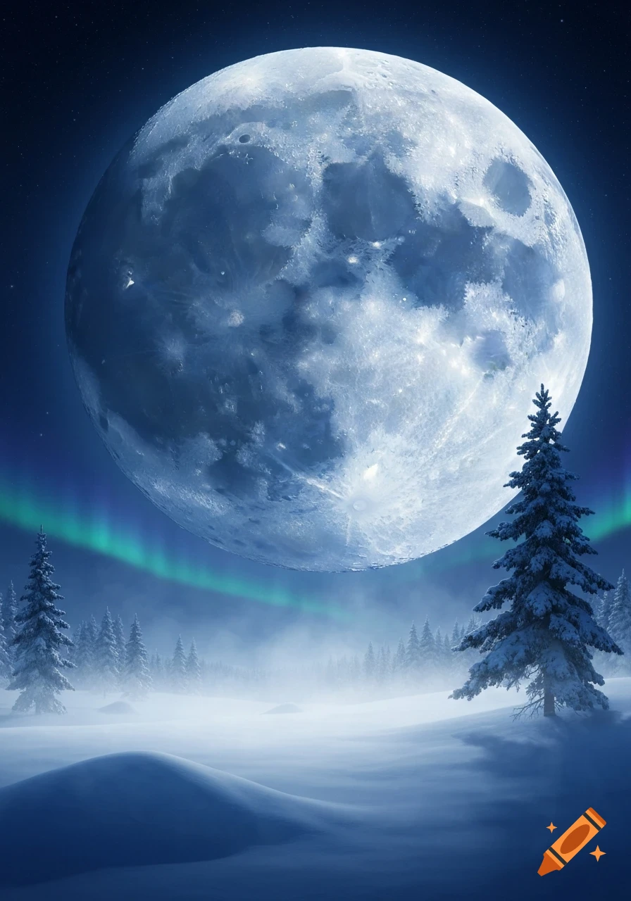 A bright full moon hangs over a snowy winter landscape with pine trees and a green aurora borealis in the dark night sky.