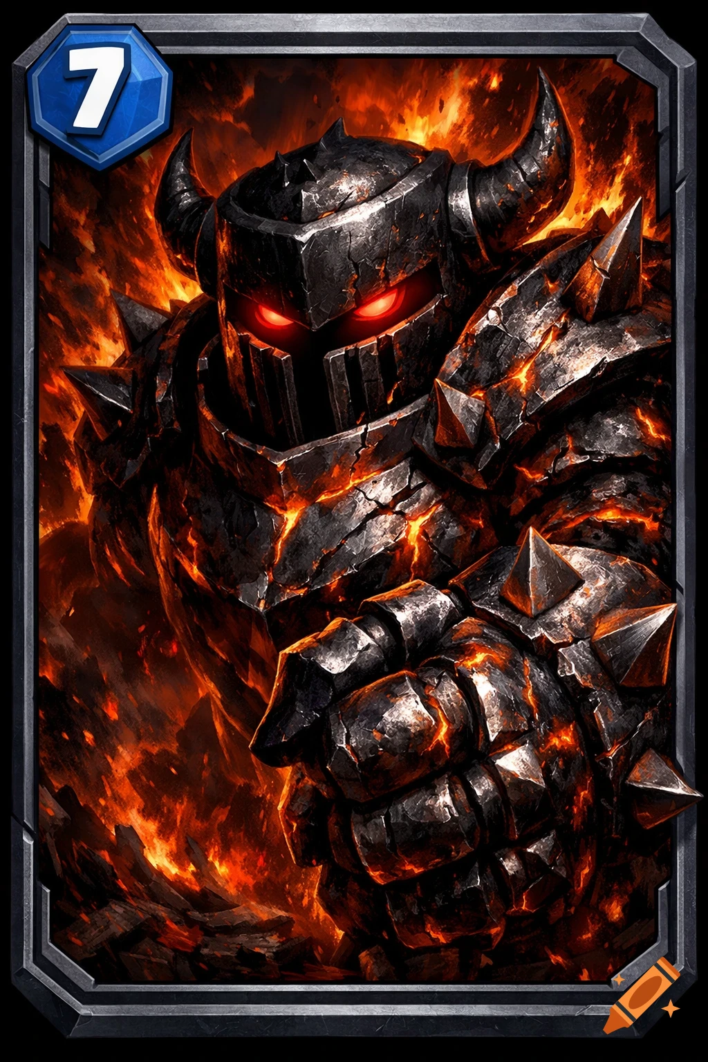 A dark, horned armored figure with glowing red eyes and molten cracks, against a fiery background on a game card with a blue '7'.