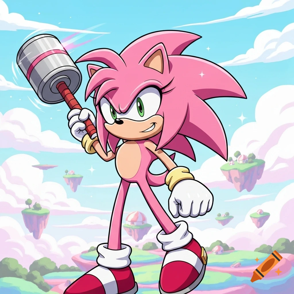 A pink cartoon hedgehog with green eyes holds a large silver and pink hammer, standing in a sky with floating islands.