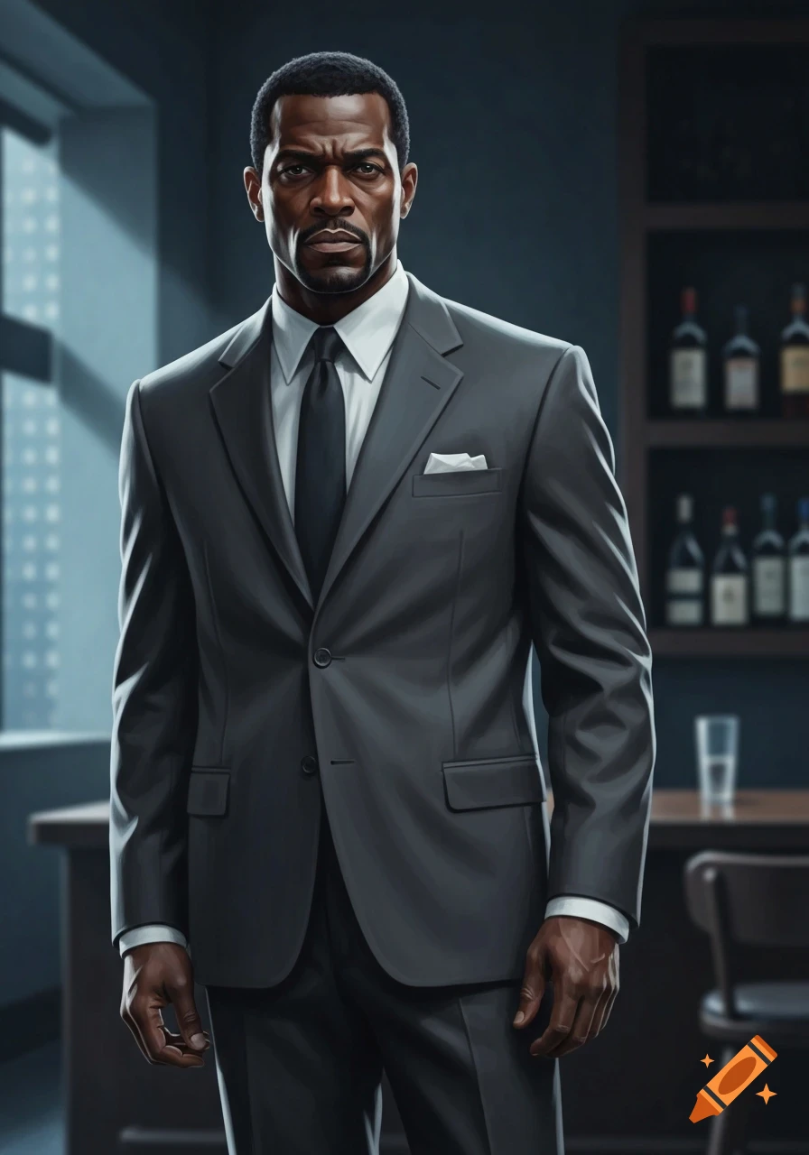 A serious Black man in a dark tailored suit stands in a dimly lit bar or office, looking directly forward.