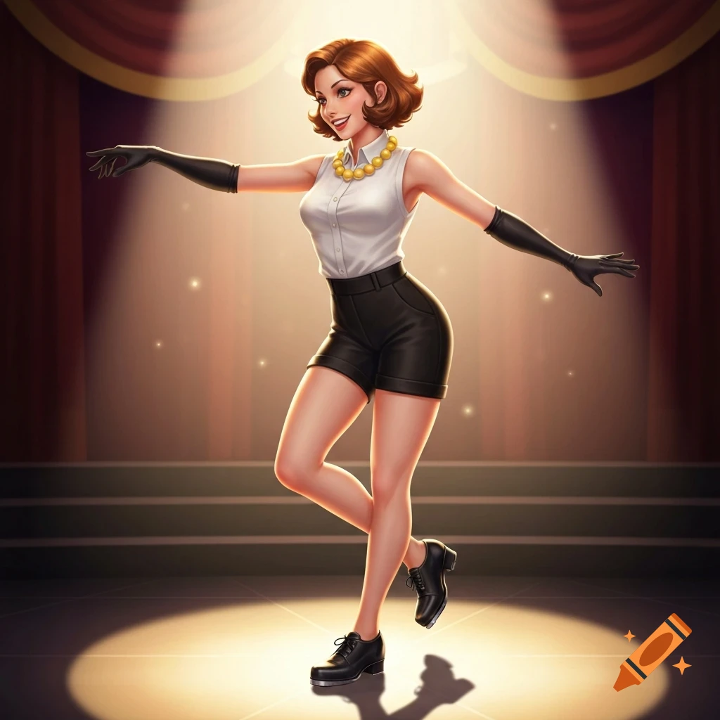 A cartoon woman with short brown hair, wearing a white sleeveless shirt, black shorts, gloves, and tap shoes, smiles while posing on a spotlighted stage.