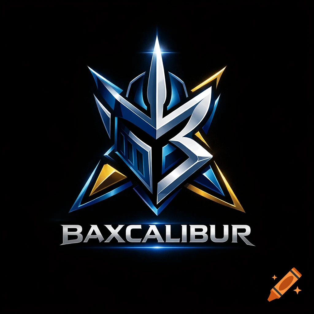 A stylized metallic logo with blue and silver elements resembling a knight's helmet or sword hilt, with gold accents, above the text "BAXCALIBUR" on a black background.