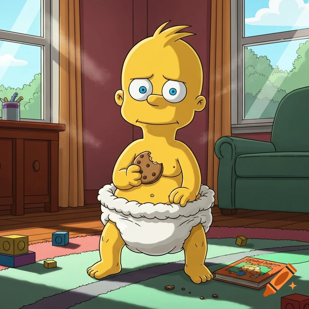 A yellow-skinned cartoon baby resembling Milhouse van Houten sits in a diaper, holding a half-eaten cookie, in a colorful room.
