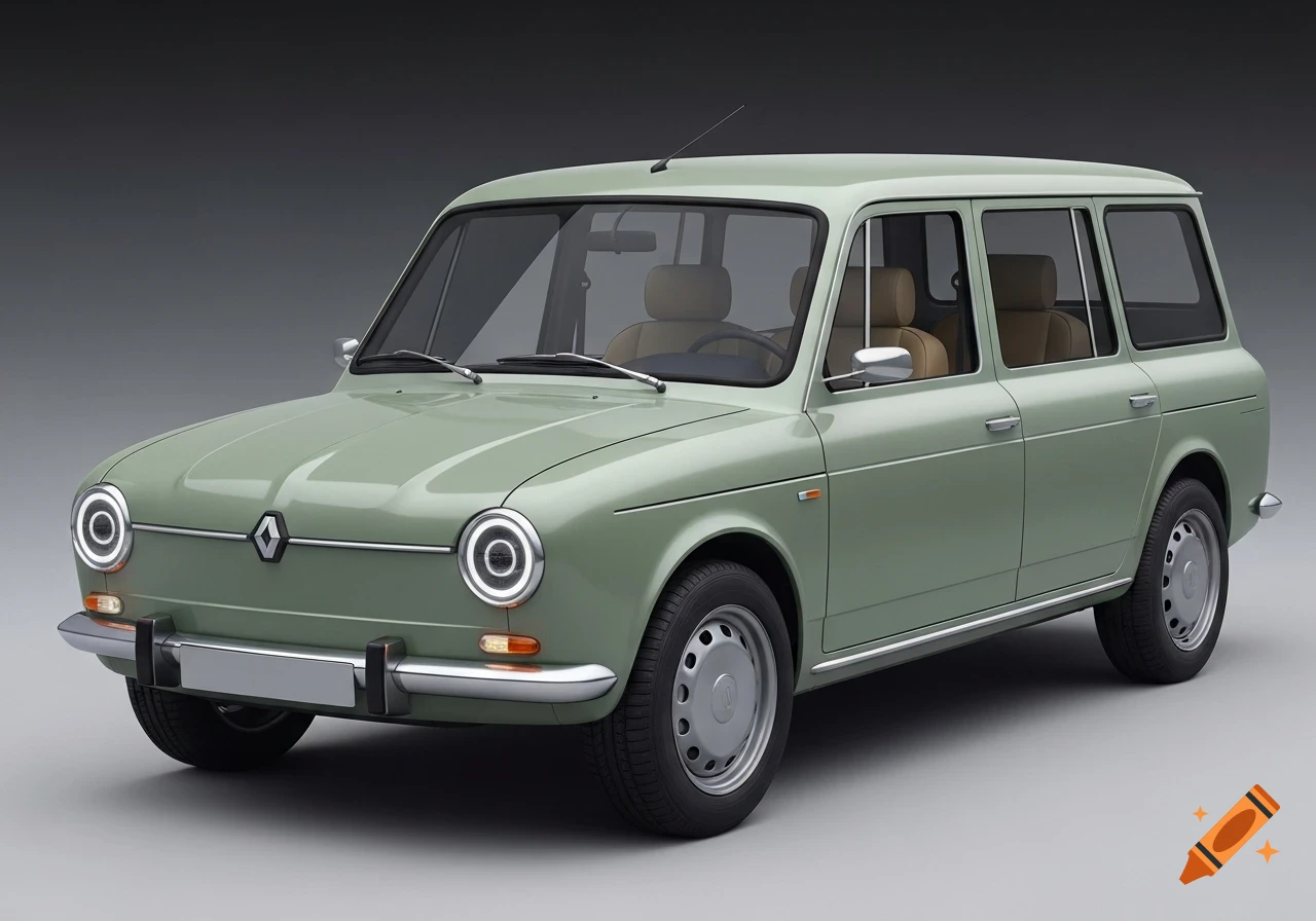 A highly detailed, realistic automotive concept illustration of a sage green vintage-style station wagon on a neutral background.