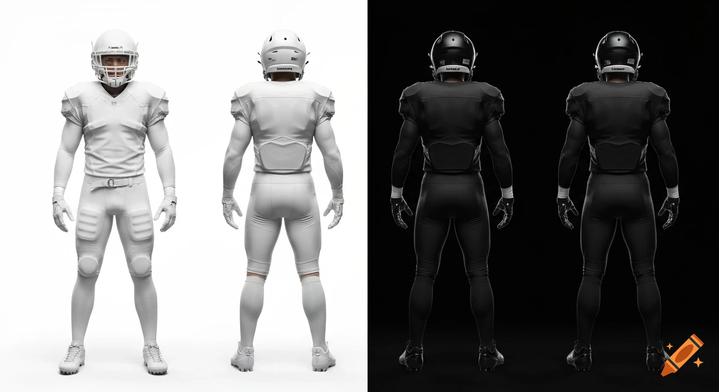 Four realistic American football players in white and black uniforms on split backgrounds, front and rear views.