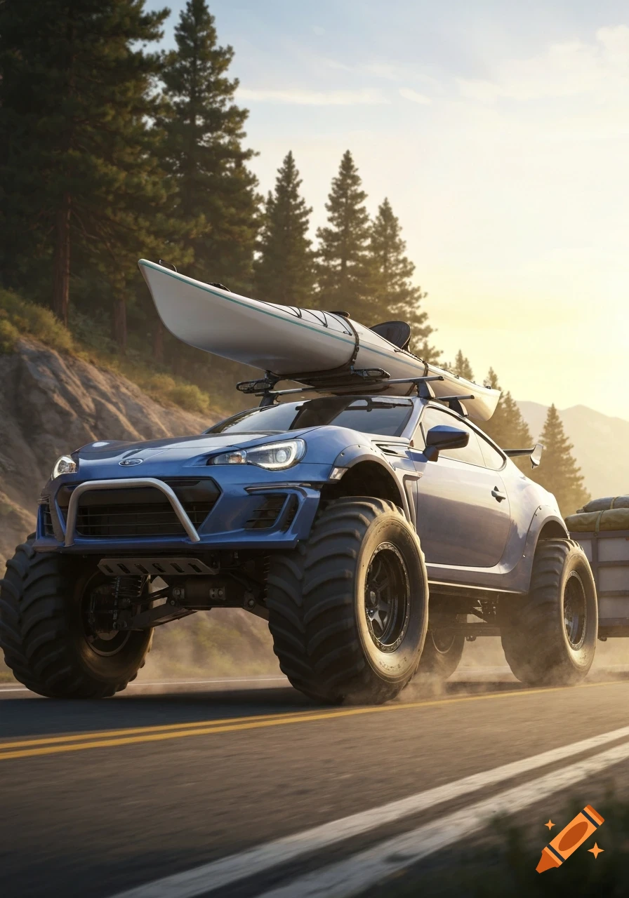 A blue Subaru BRZ with monster tires, a kayak on its roof rack, and hauling a trailer on a winding road through a forest at sunset.