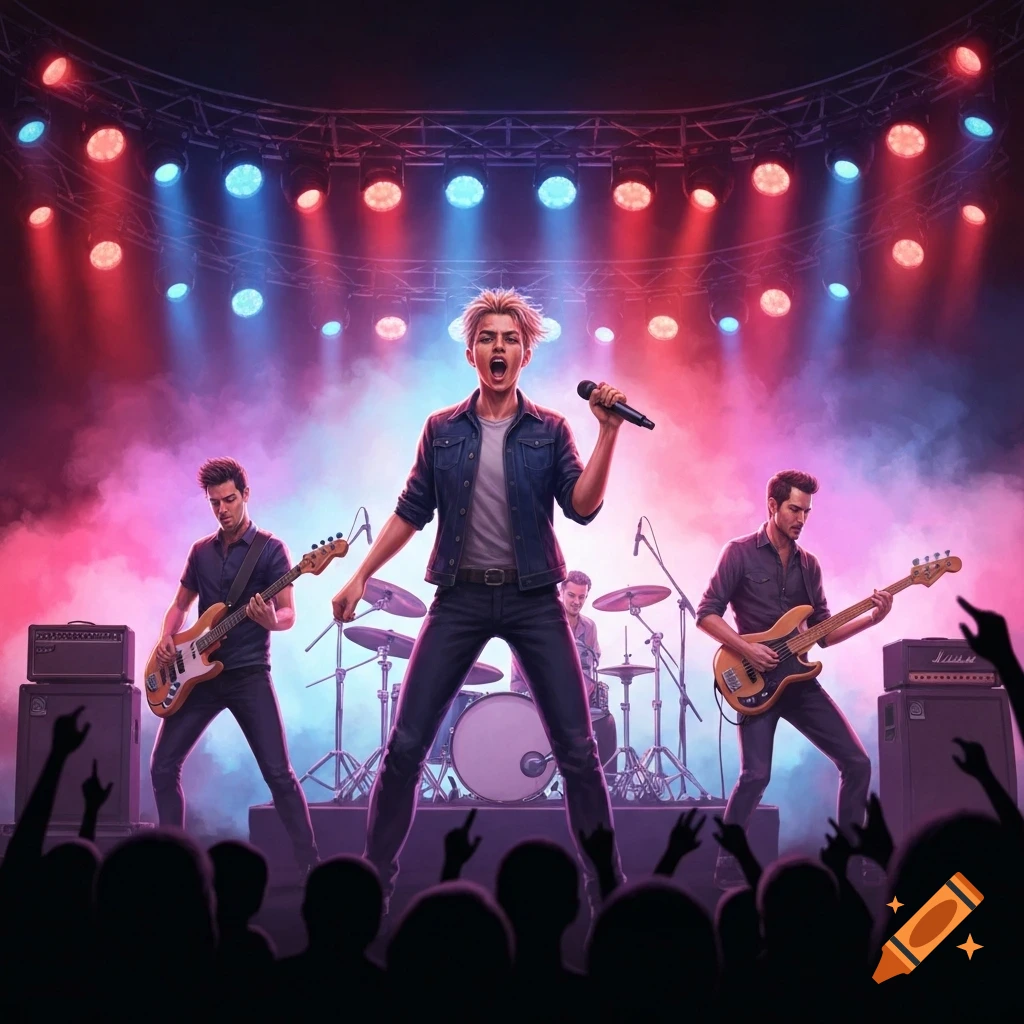 A rock band performs on stage under bright red and blue lights, with a lead singer, two guitarists, and a drummer. An audience watches from the foreground.