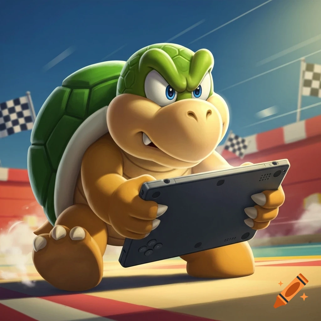 A determined Koopa Troopa from Super Mario plays a video game on a handheld console, with racing flags in the background.