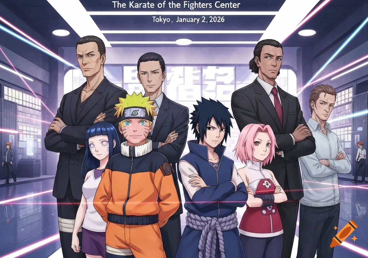 Anime characters Naruto, Hinata, Sasuke, and Sakura pose with five men in suits in a futuristic 'Karate of the Fighters Center' in Tokyo.