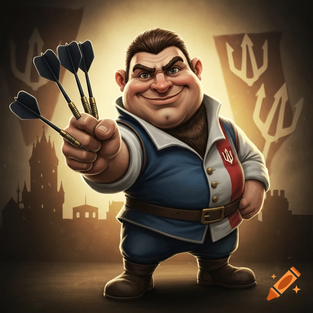 A stylized, plump, cartoon character resembling a dwarf or gnome, holding three darts, with a mischievous smile. He wears a blue and red vest with a trident-like emblem and stands against a castle silhouette background with similar flag emblems. The style is detailed and illustrative.