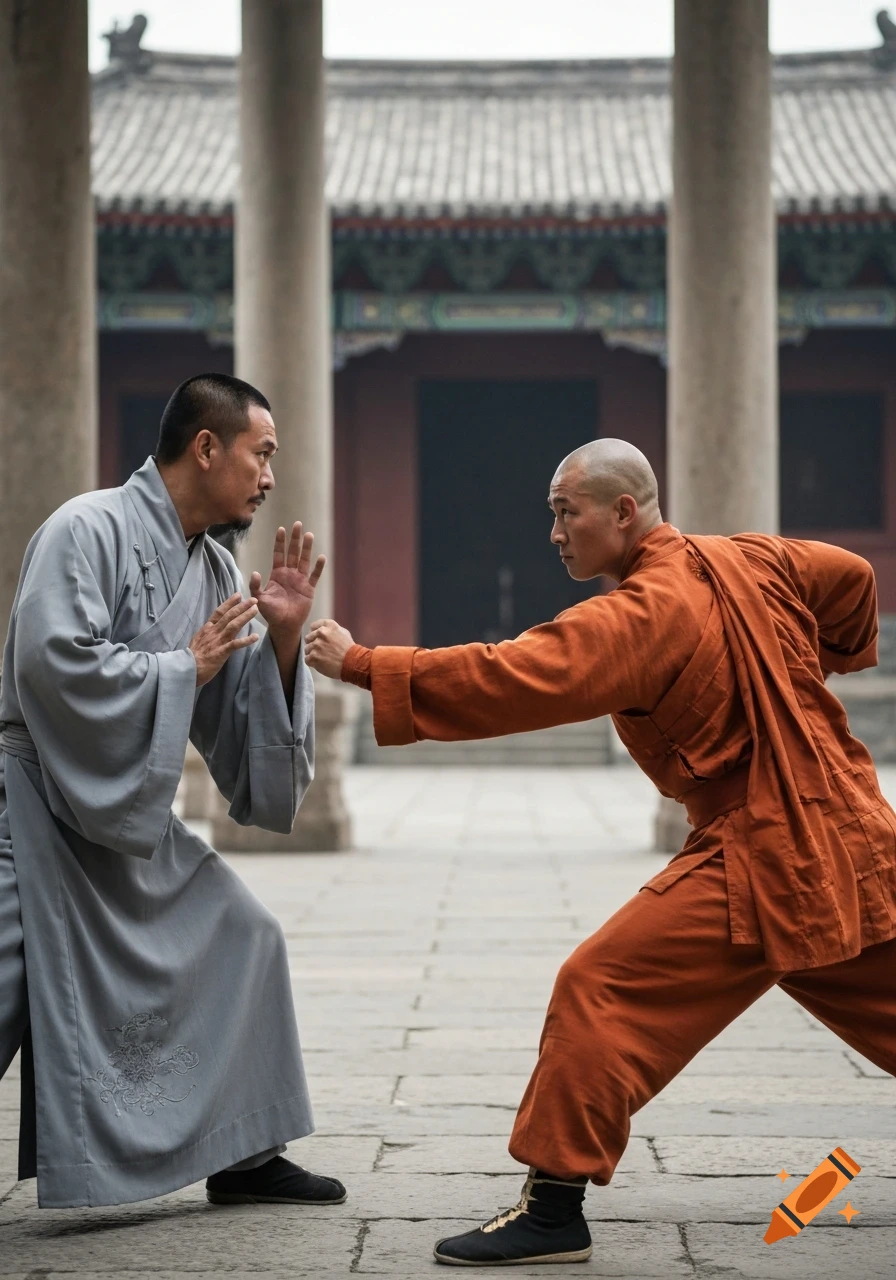 A Daoist priest in gray and a Shaolin monk in orange robes face each other in a martial arts stance in a temple courtyard. Photorealistic.