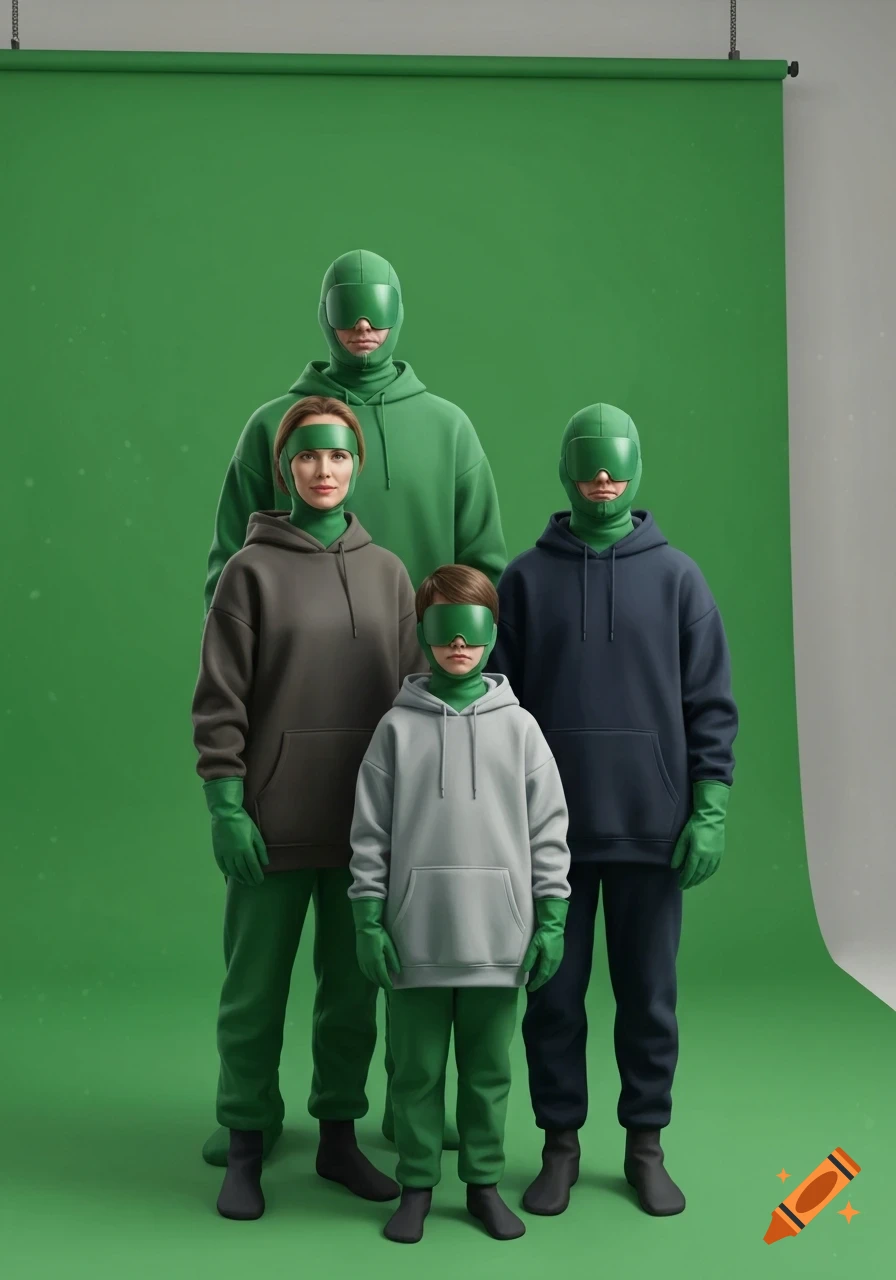 A family of four (two adults, two children) wearing green screen suits with green gloves and various colored hoodies stand against a green screen. Photorealistic.