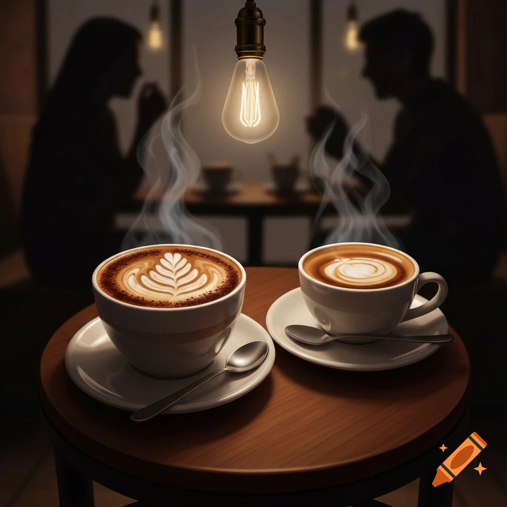 Two steaming cups of coffee with latte art on a wooden table under a glowing bulb, with blurred people in a cozy cafe background.