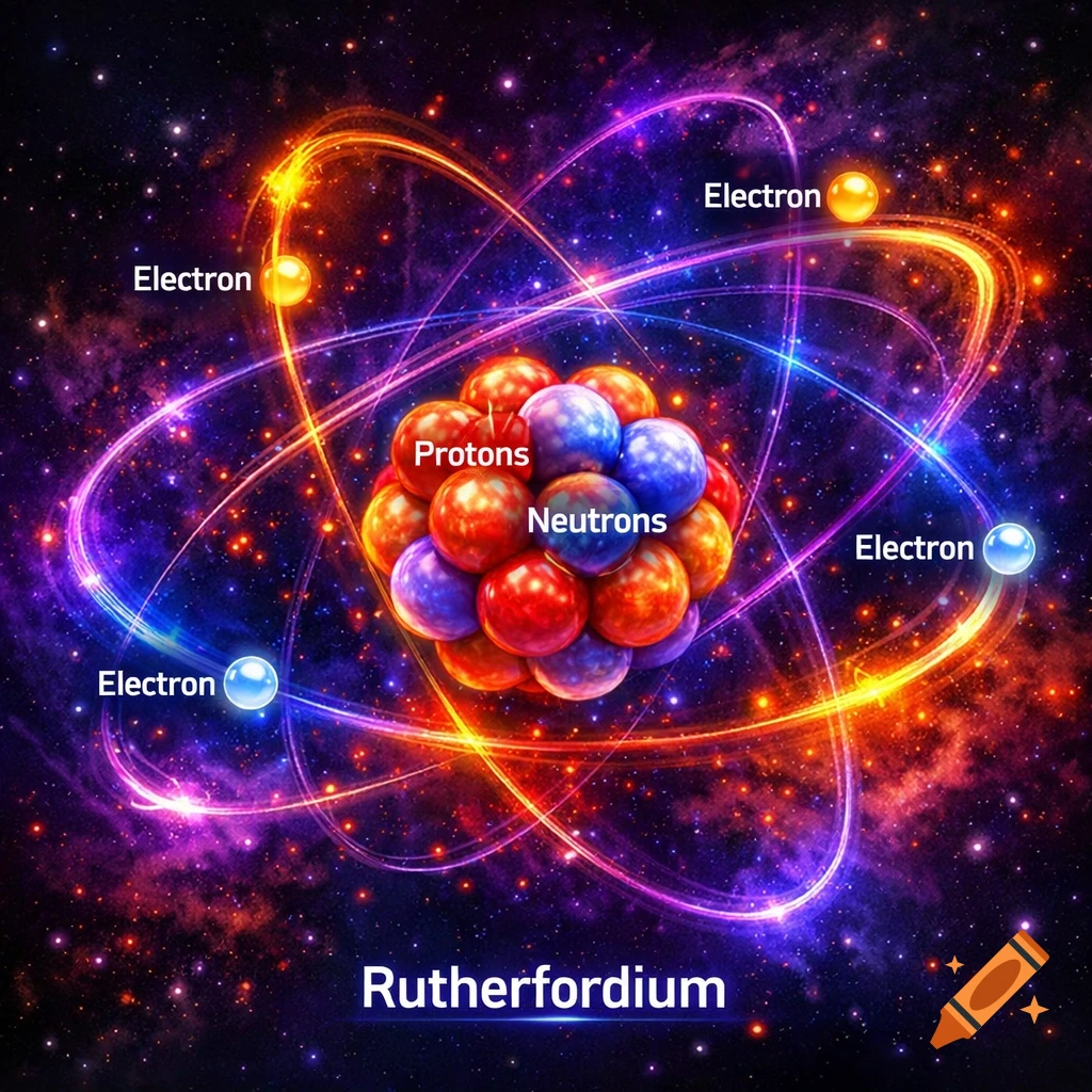 A colorful illustration of a Rutherfordium atom with labeled protons, neutrons, and electrons against a cosmic background.