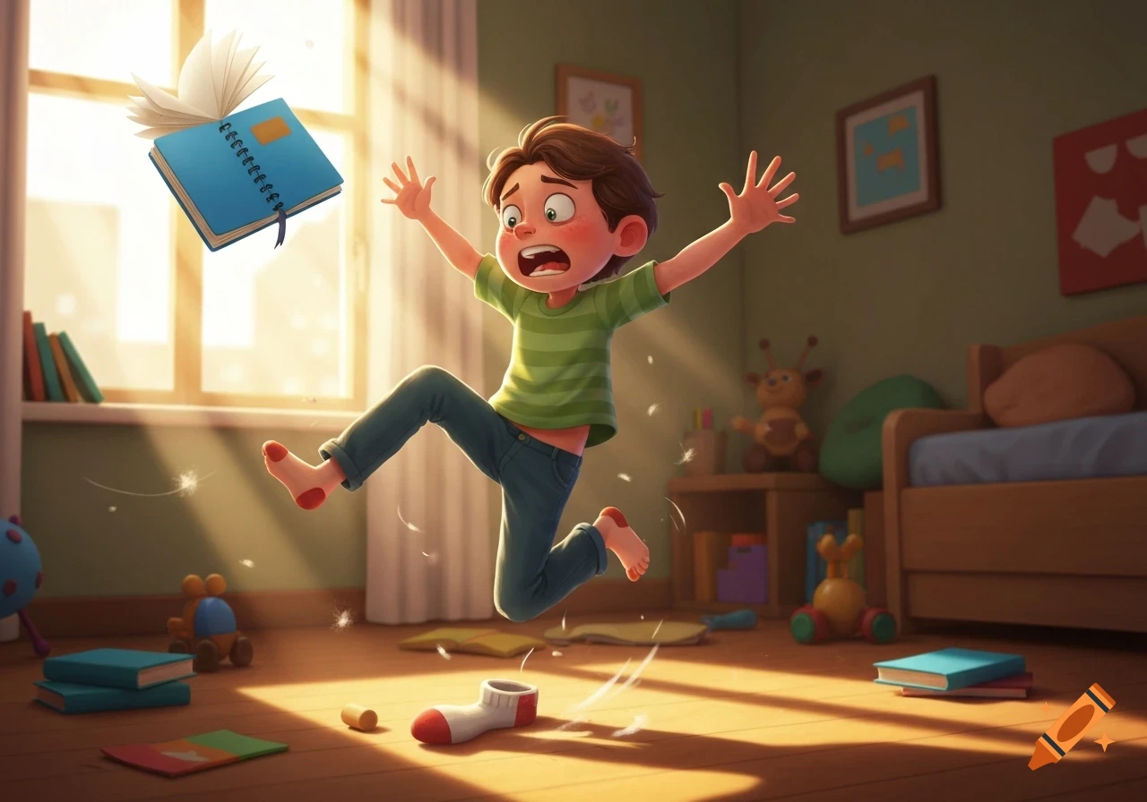 A cartoon boy with brown hair and a green striped shirt slips on a red and white sock, flailing his arms in a messy sunlit bedroom as a blue notebook flies nearby.