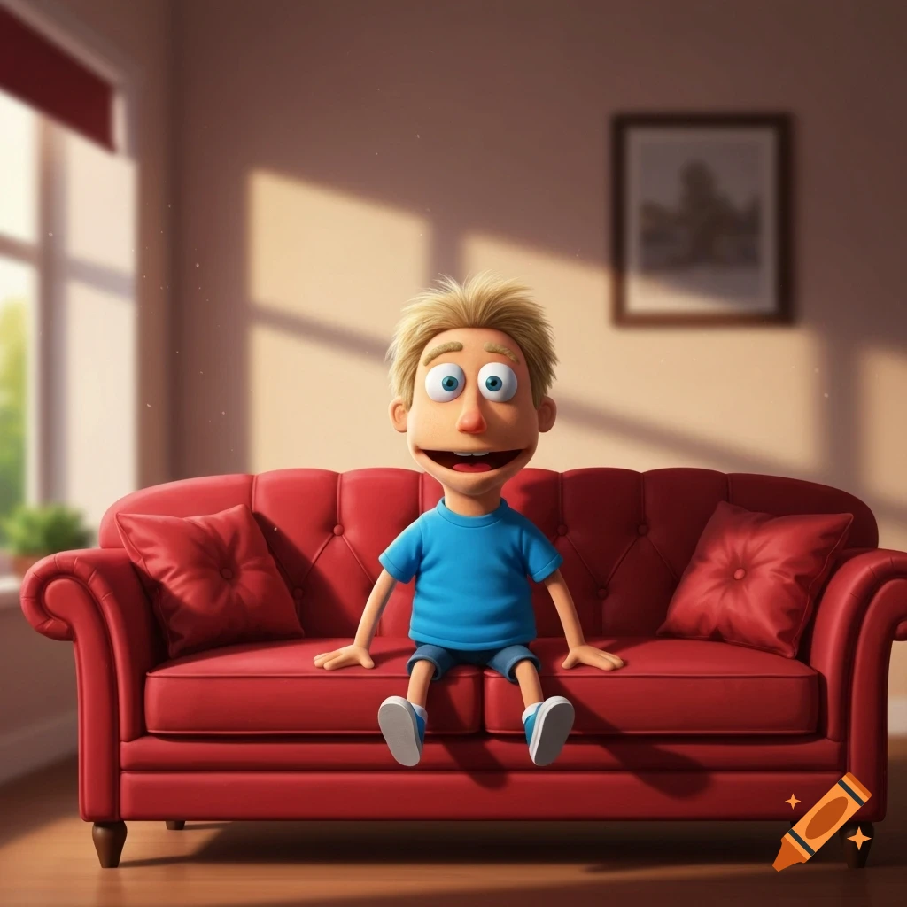A blonde, blue-eyed cartoon puppet in a blue shirt and shorts sits smiling on a tufted red couch in a sunlit living room.