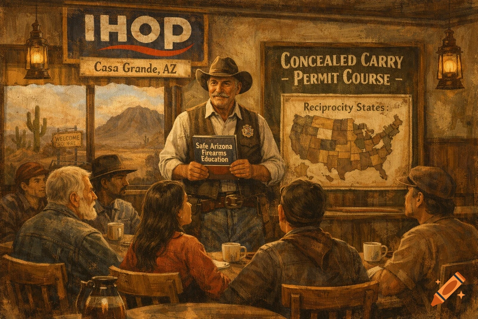 An old Western-style painting depicts a group of people attending a Concealed Carry Permit Course at an IHOP in Casa Grande, Arizona. A man in a cowboy hat and vest holds a book titled "Safe Arizona Firearms Education" while lecturing to students around tables. A map of "Reciprocity States" is on the wall, and saguaro cacti are visible outside a window.
