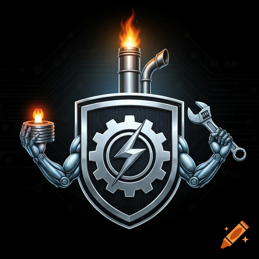 A metallic coat of arms with a shield, gear, lightning bolt, robotic arms holding a wrench and a fiery disc, and industrial pipes with flames.