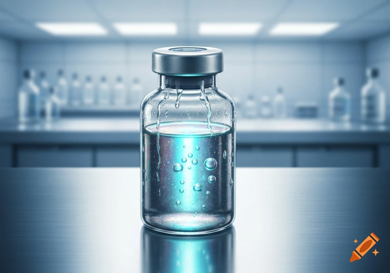 A glowing blue liquid in a glass medical vial with bubbles, set in a sterile laboratory environment.