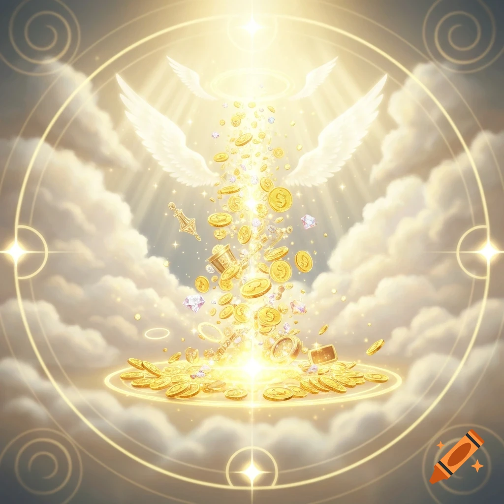 Golden coins and treasures fall from glowing angelic wings through clouds, symbolizing heavenly wealth.