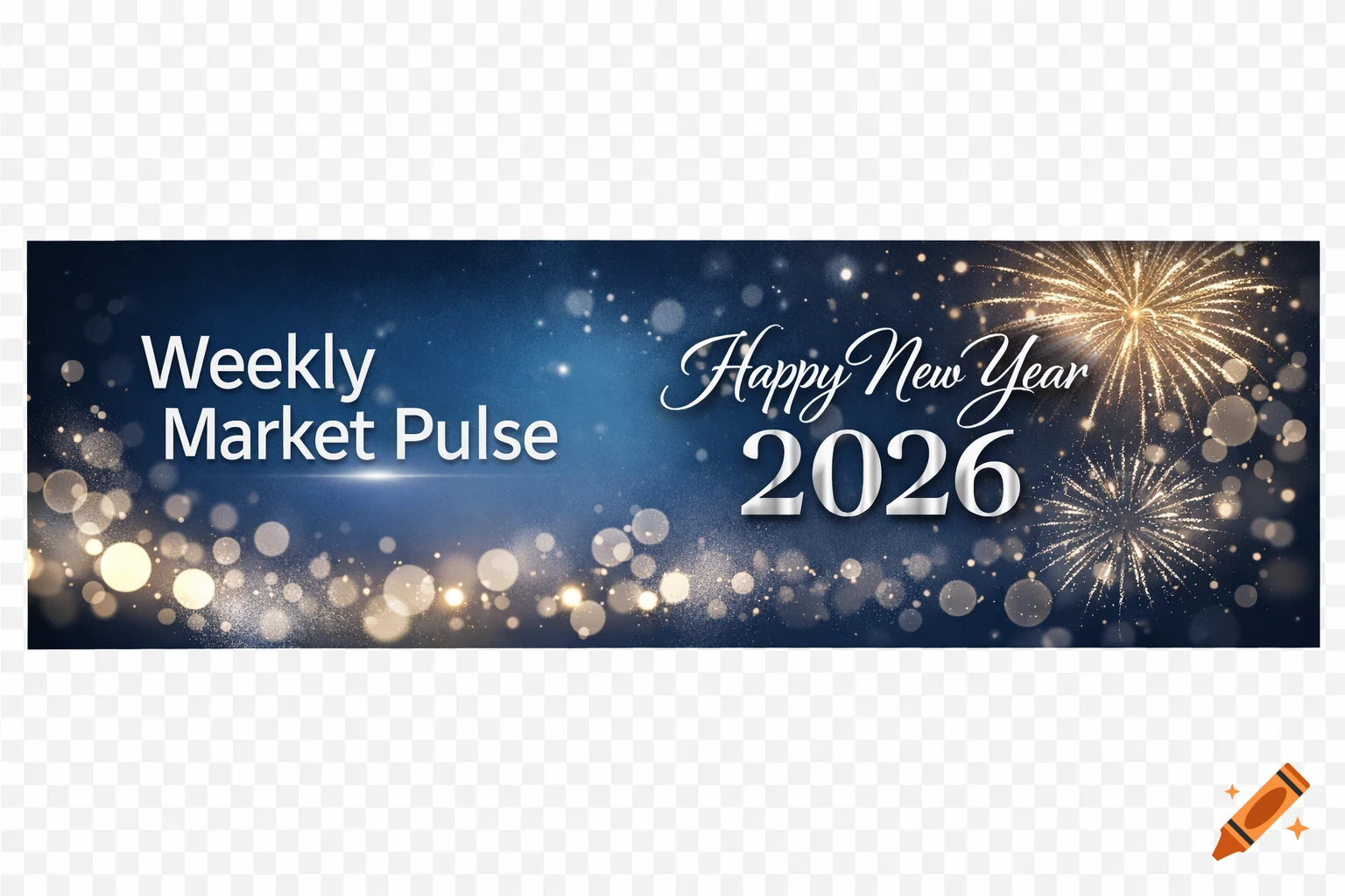 A blue banner with bokeh lights and fireworks, displaying 'Weekly Market Pulse' and 'Happy New Year 2026'.