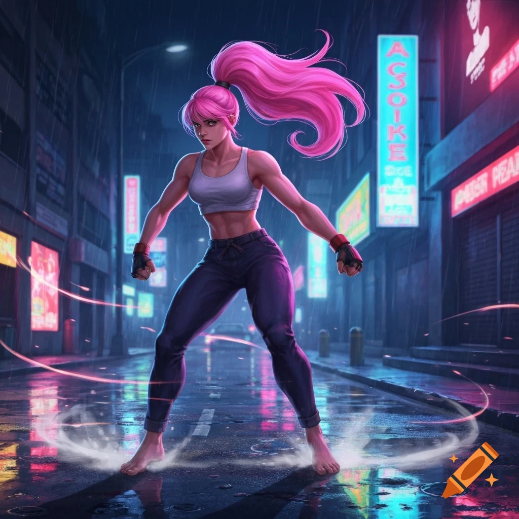 Muscular woman with pink hair in a fighting stance, barefoot, on a neon-lit rainy city street.