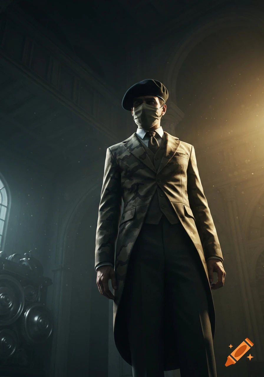 A low-angle, cinematic shot of a man in a camouflage suit, beret, and mask, standing in a dim, grand hall with light streaming from above.