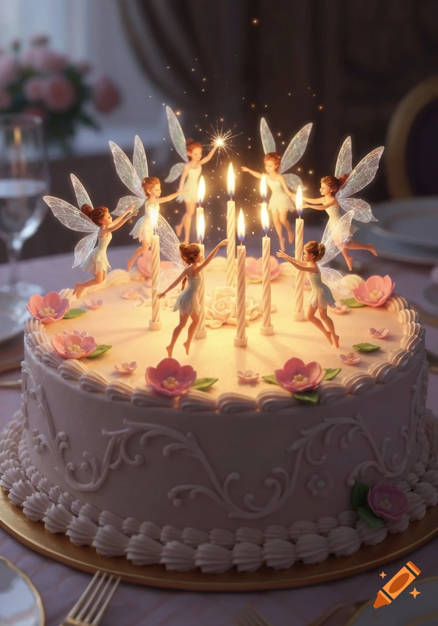 A whimsical birthday cake decorated with pink flowers and frosted swirls, featuring small fairies with translucent wings flying around lit candles.
