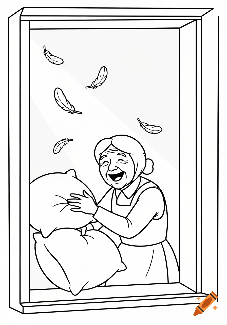 A black and white line art illustration of an old woman, Frau Holle, laughing as she shakes pillows at a window, sending feathers flying.