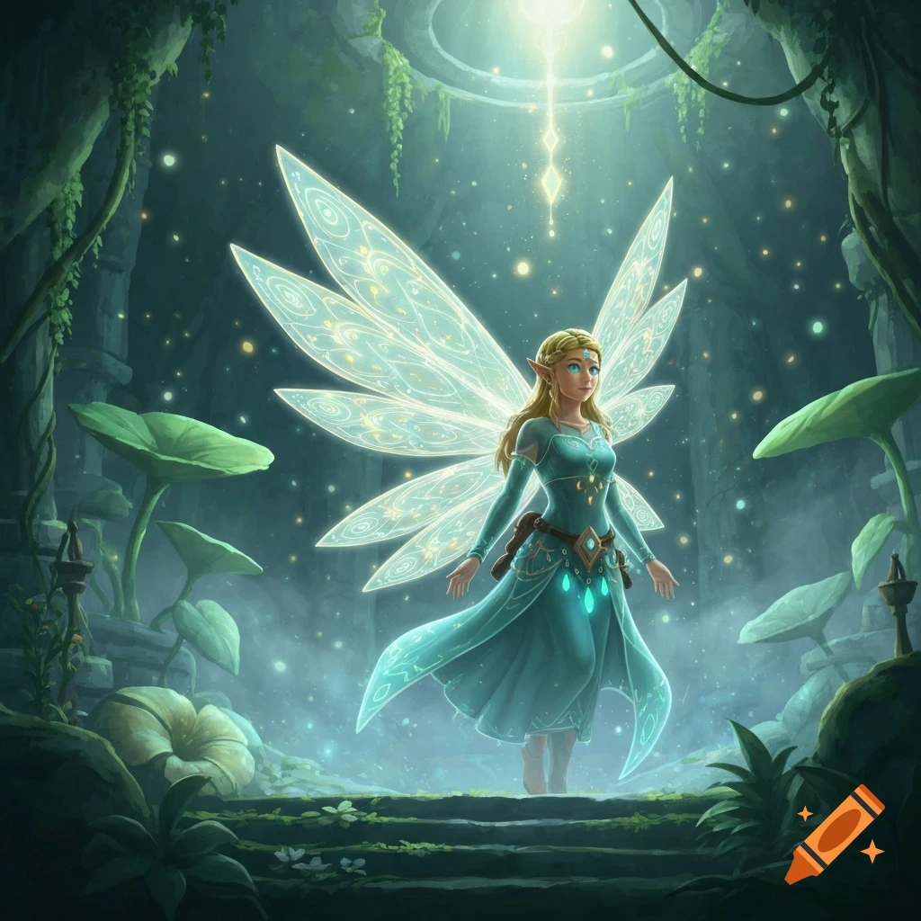 A blonde fairy woman with pointed ears and a blue dress stands in a magical, glowing cave with large, luminous wings.