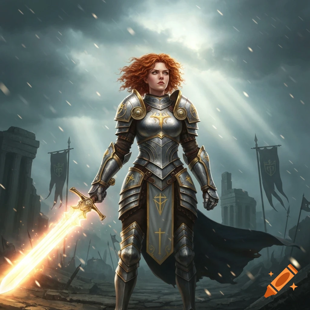 A female paladin with red curly hair in full silver and gold armor stands in a ruined landscape, holding a glowing sword.