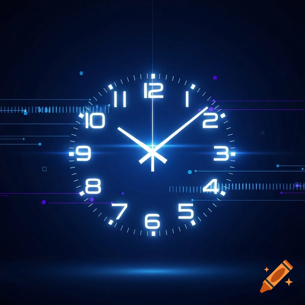 A glowing blue digital clock face with bright white numbers and hands, surrounded by futuristic data lines on a dark blue background.