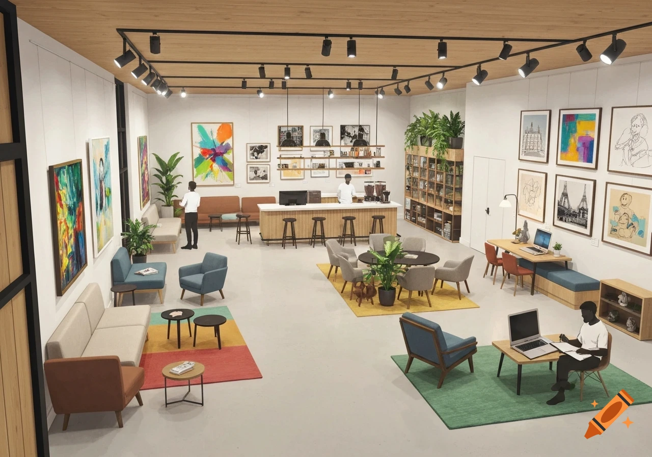 A spacious, modern hotel lobby and art gallery with a coffee bar, diverse seating areas, people, and various artworks on the walls.