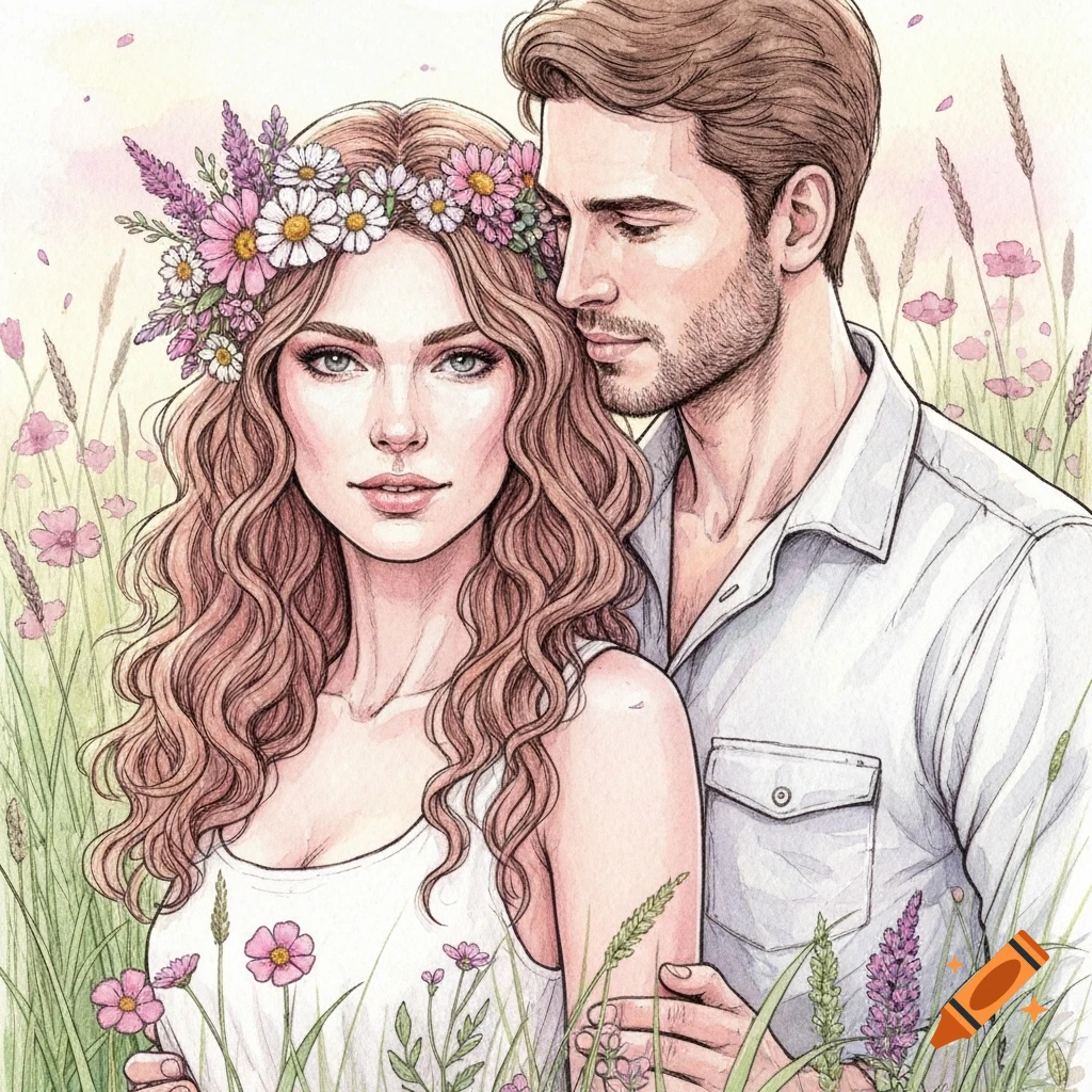 Watercolor and ink painting of a man embracing a woman with flowers in her hair in a field of wildflowers.