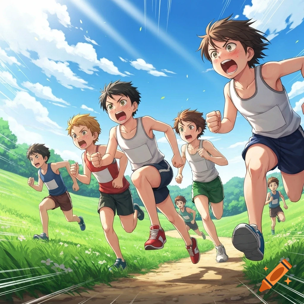 Anime style image of young boys running a cross-country race on a dirt path through a sunny, grassy field.